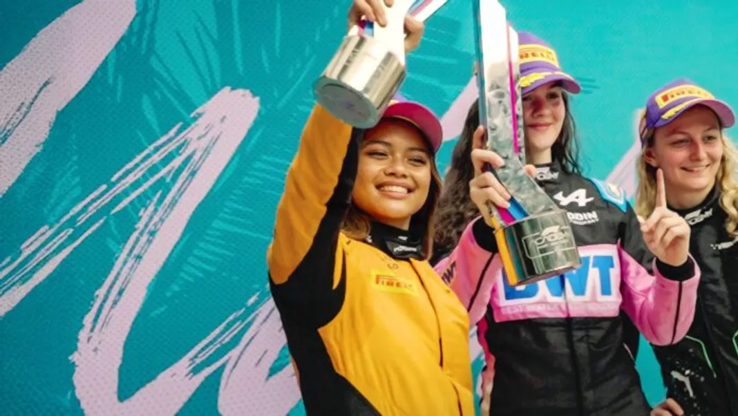 F1: The Academy. (L to R) Bianca Bustamante, Abbi Pulling, and Doriane Pin in F1: The Academy Cr. Courtesy of Netflix © 2025