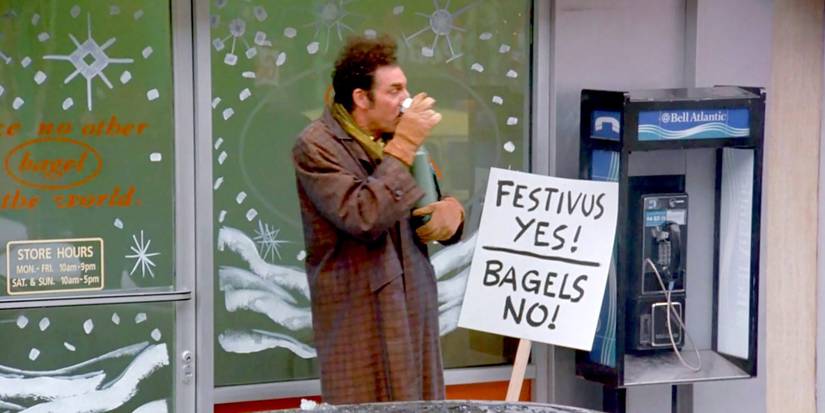 Kramer (Michael Richards) standing outside a bagel shop on strike in Seinfeld.